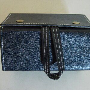 5 Compartments Portable Eyeglasses and More Storage Black Flax Leather Case Snap